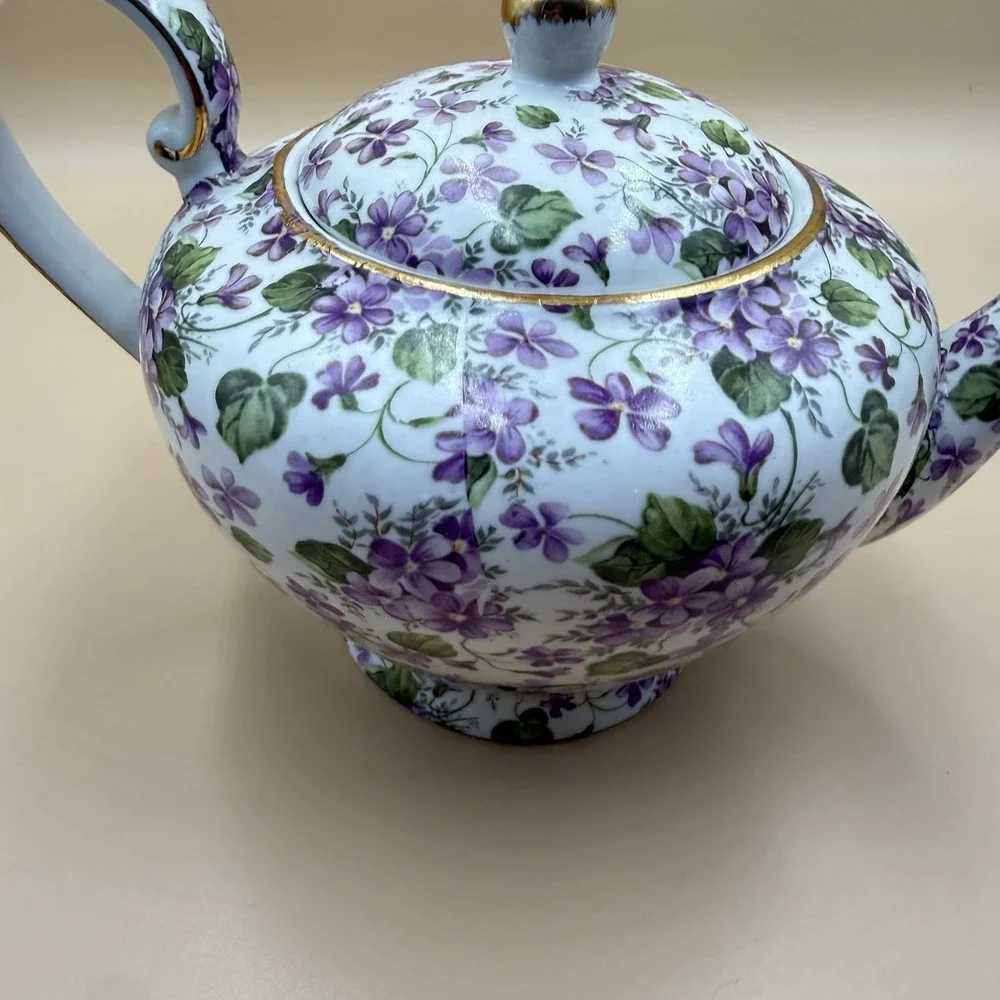 A Special Place Tea Pot Victorian Pansies Floral Purple Vintage 2003 Cottagecore